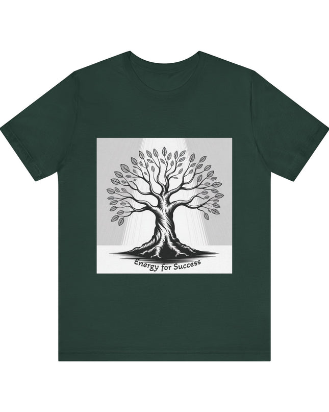 "Energy for Success" with a black and white drawing of a tree, Unisex Jersey Short Sleeve Tee