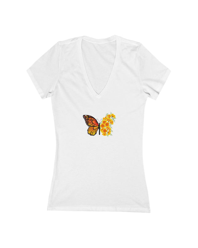 "Butterfly Poppies" Women's Jersey Short Sleeve Deep V-Neck Tee