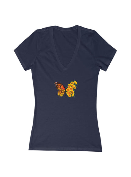 "Butterfly Poppies" Women's Jersey Short Sleeve Deep V-Neck Tee