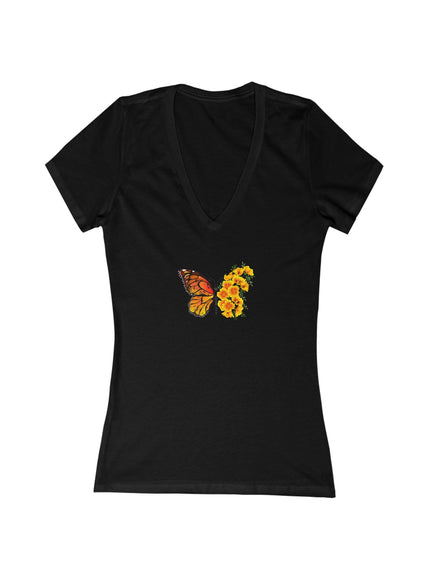 "Butterfly Poppies" Women's Jersey Short Sleeve Deep V-Neck Tee