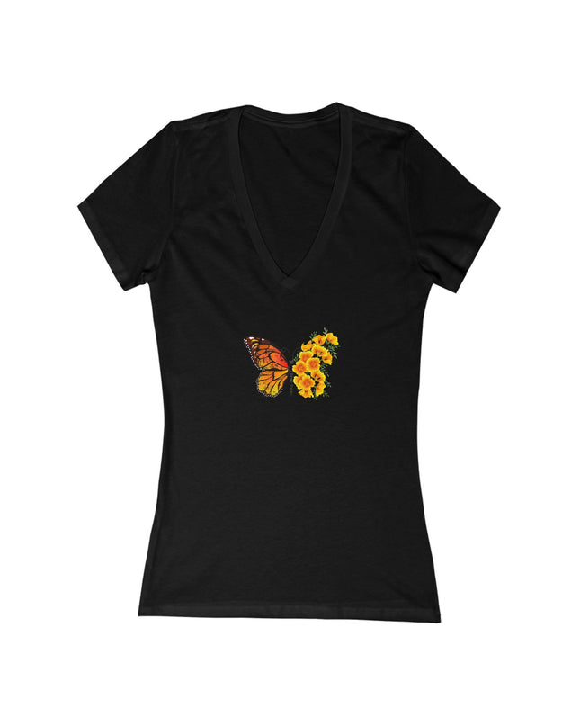 "Butterfly Poppies" Women's Jersey Short Sleeve Deep V-Neck Tee