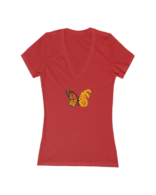 "Butterfly Poppies" Women's Jersey Short Sleeve Deep V-Neck Tee