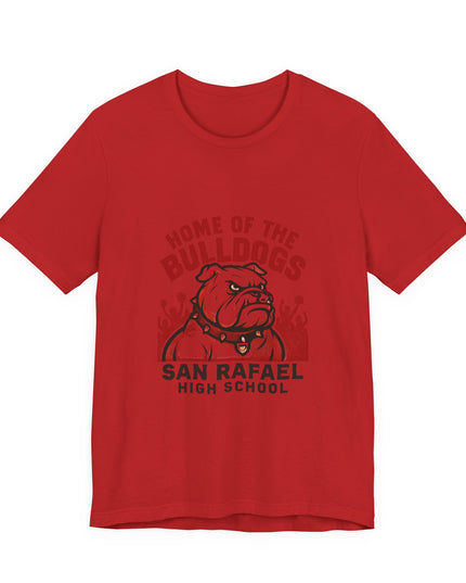 "Home of the Bulldogs - San Rafael High School (Students cheering on bulldog)" Unisex Jersey Short Sleeve Tee