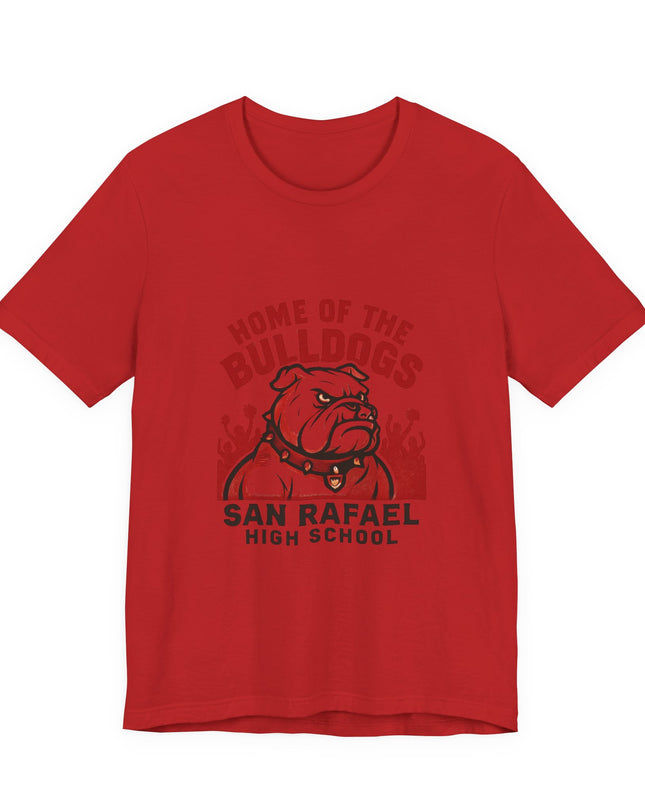 "Home of the Bulldogs - San Rafael High School (Students cheering on bulldog)" Unisex Jersey Short Sleeve Tee