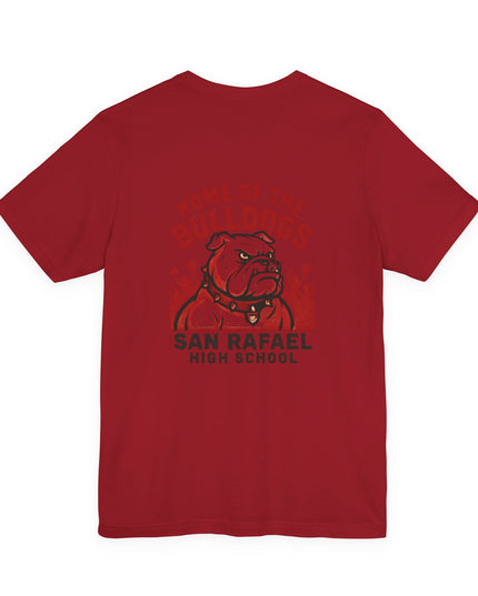 "Home of the Bulldogs - San Rafael High School (Students cheering on bulldog)" Unisex Jersey Short Sleeve Tee