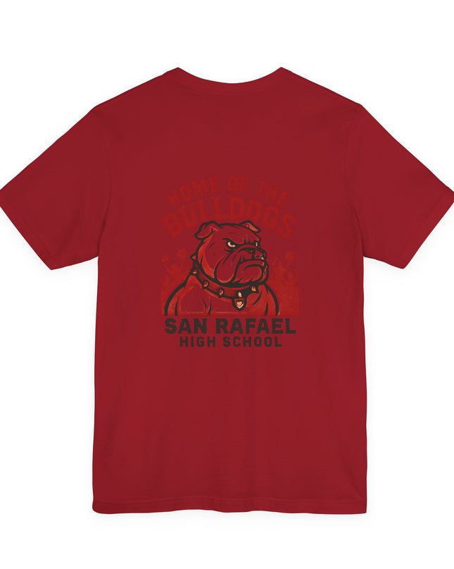 "Home of the Bulldogs - San Rafael High School (Students cheering on bulldog)" Unisex Jersey Short Sleeve Tee
