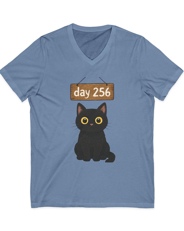 "Day 256 (not blinking black cat)" Unisex Jersey Short Sleeve V-Neck Tee