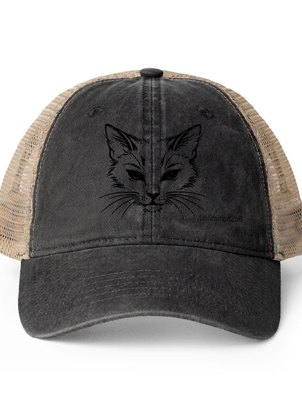 "Cat Sketch Face" Women's Washed Mesh-Back Cap