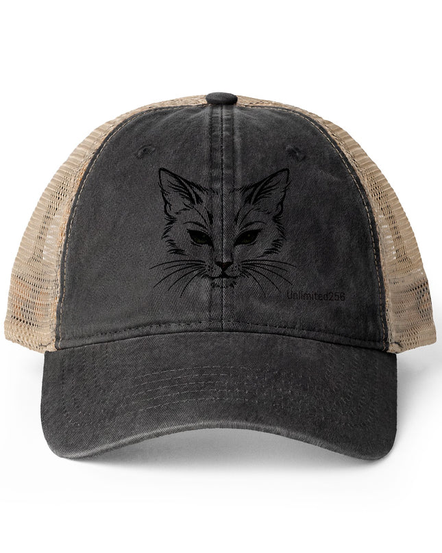 "Cat Sketch Face" Women's Washed Mesh-Back Cap
