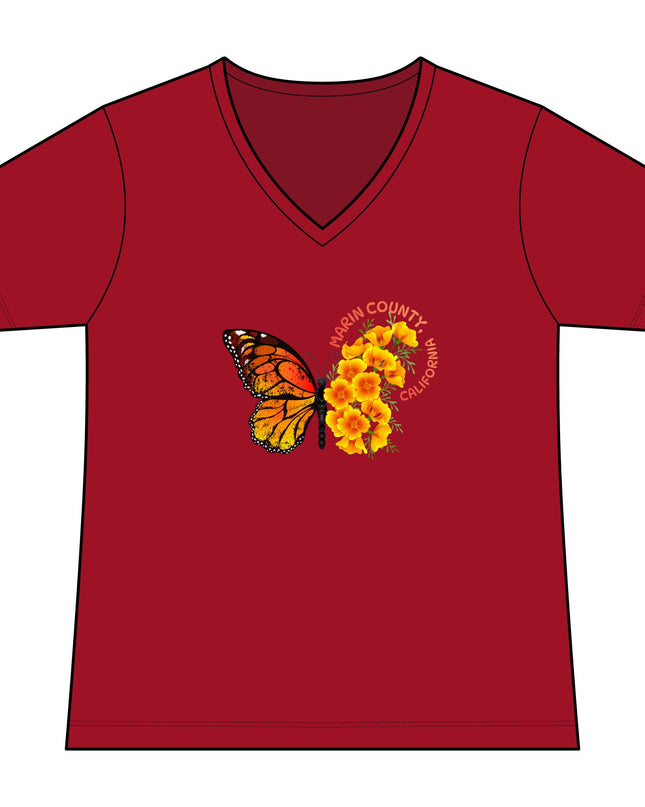 "Butterfly and Poppy Marin County California" Women's Ideal V-Neck Tee