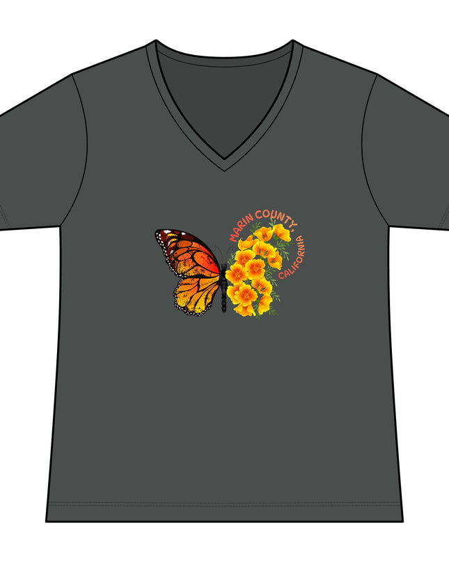 "Butterfly and Poppy Marin County California" Women's Ideal V-Neck Tee