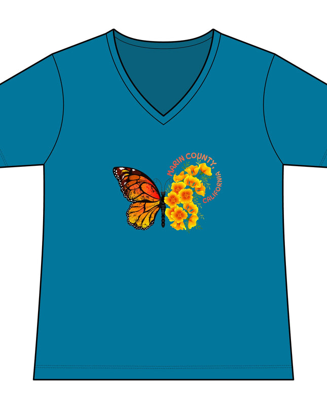 "Butterfly and Poppy Marin County California" Women's Ideal V-Neck Tee