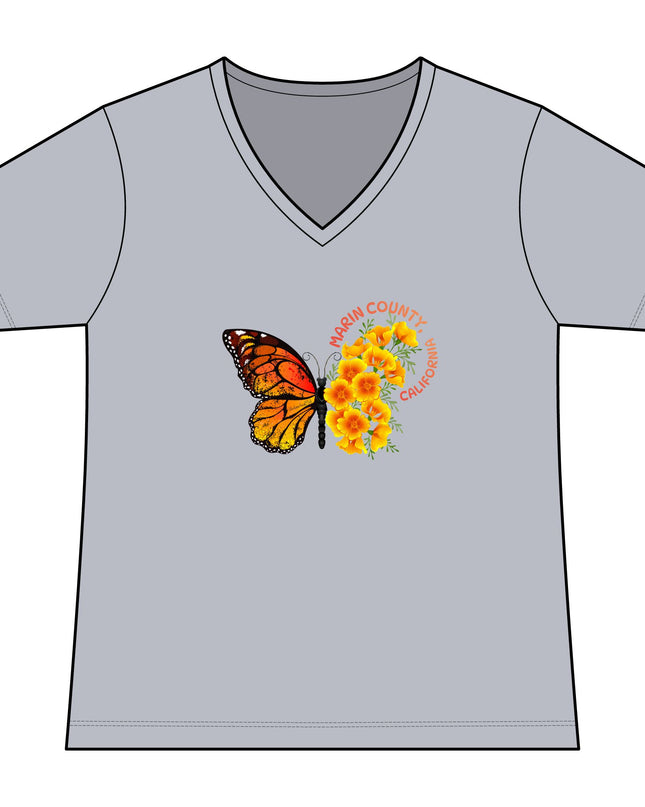 "Butterfly and Poppy Marin County California" Women's Ideal V-Neck Tee