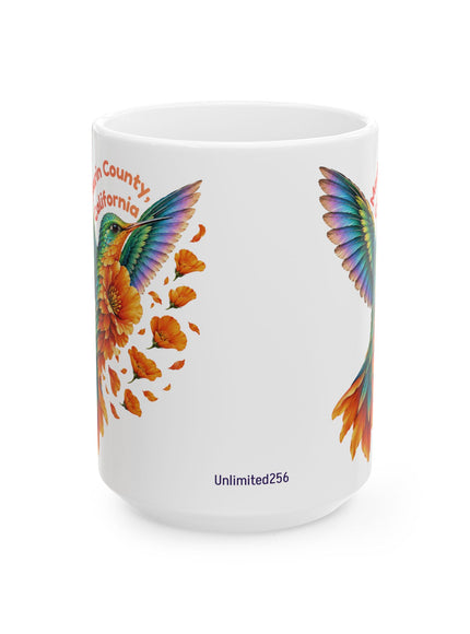 "Hummingbird and Poppies" Ceramic Mug, (11oz, 15oz)