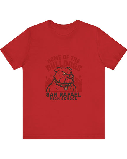 "Home of the Bulldogs - San Rafael High School (Students cheering on bulldog)" Unisex Jersey Short Sleeve Tee