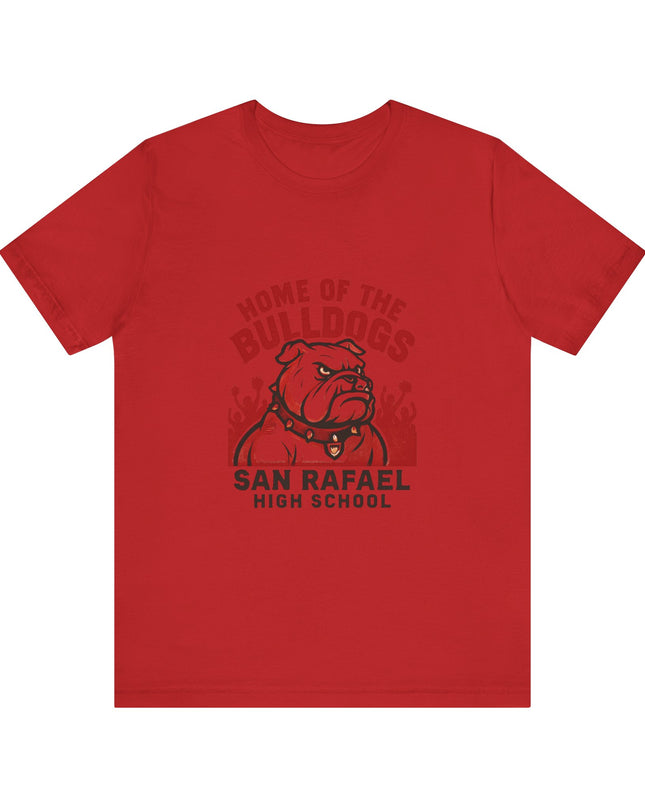 "Home of the Bulldogs - San Rafael High School (Students cheering on bulldog)" Unisex Jersey Short Sleeve Tee