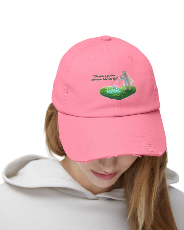 "The Grass is Greener Where You Take Care of It" Unisex Distressed Cap
