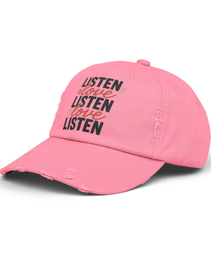 "Listen, love, listen, love" Unisex Distressed Cap
