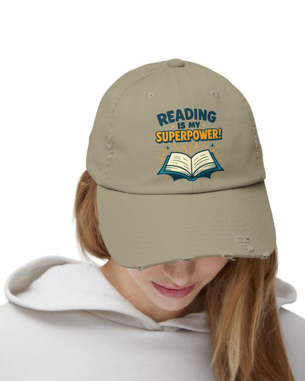 "Reading is my superpower" Unisex Distressed Cap