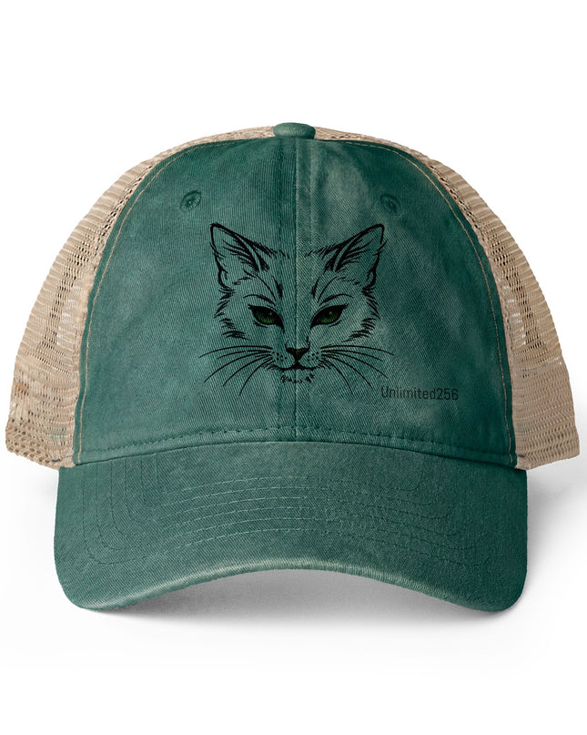 "Cat Sketch Face" Women's Washed Mesh-Back Cap