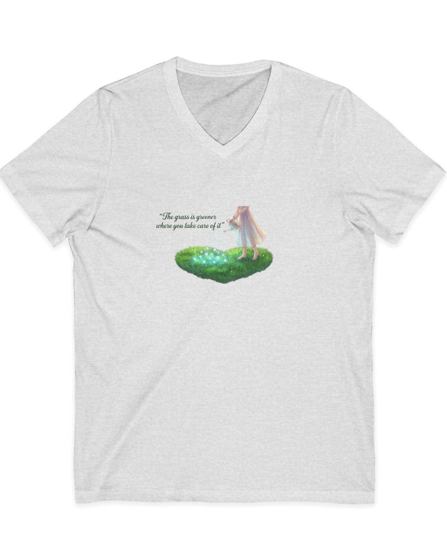 "The Grass is Greener Where You Water It" Unisex Jersey Short Sleeve V-Neck Tee