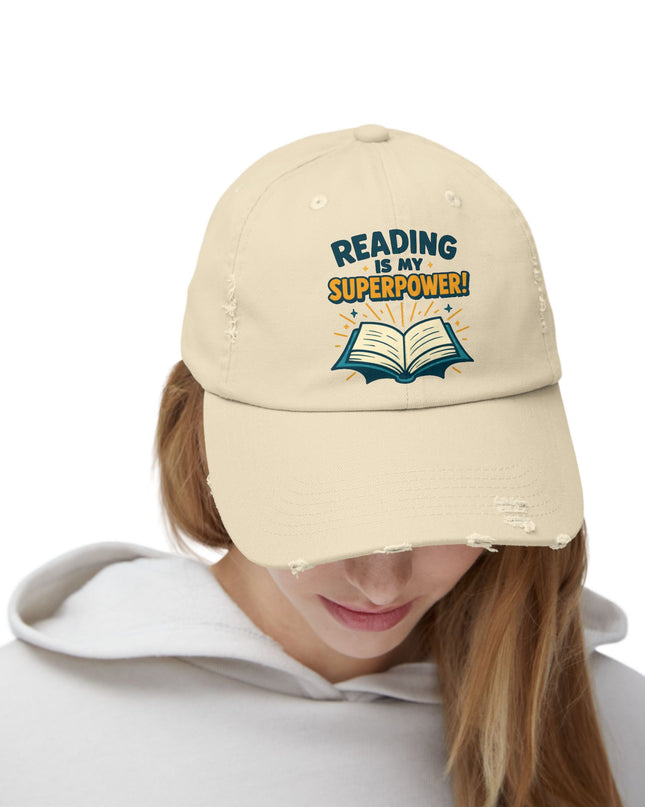 "Reading is my superpower" Unisex Distressed Cap