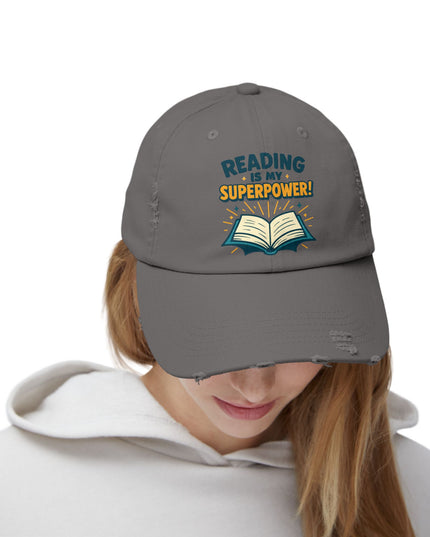 "Reading is my superpower" Unisex Distressed Cap