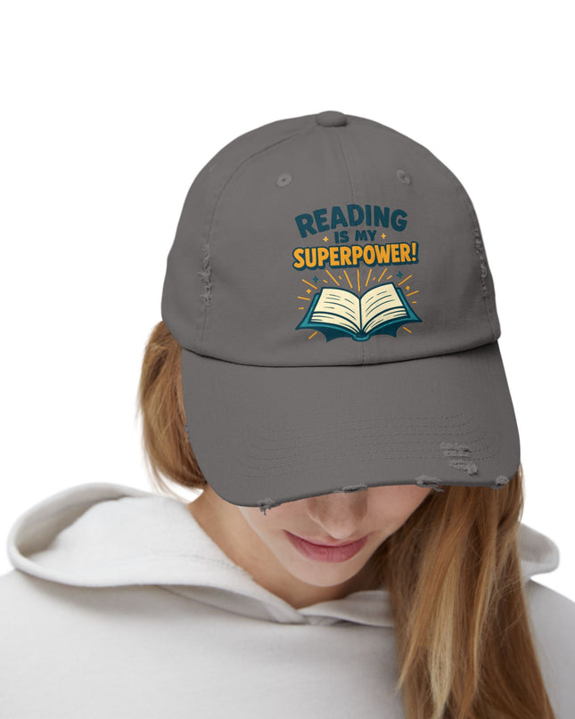 "Reading is my superpower" Unisex Distressed Cap