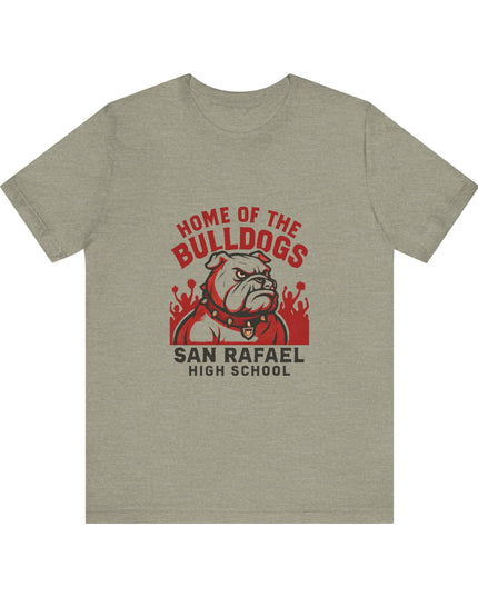"Home of the Bulldogs - San Rafael High School (Students cheering on bulldog)" Unisex Jersey Short Sleeve Tee