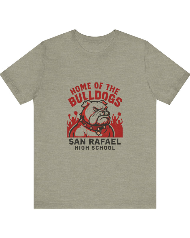 "Home of the Bulldogs - San Rafael High School (Students cheering on bulldog)" Unisex Jersey Short Sleeve Tee