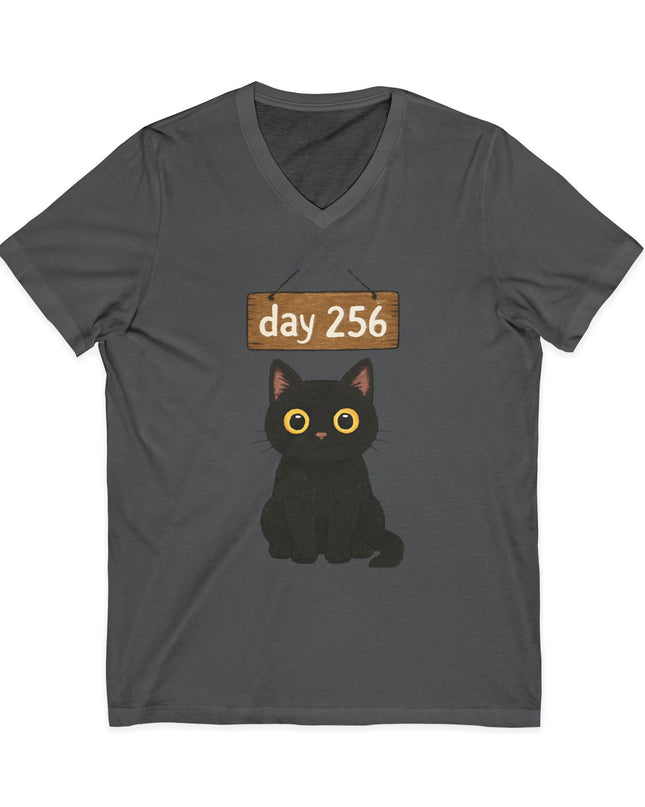 "Day 256 (not blinking black cat)" Unisex Jersey Short Sleeve V-Neck Tee