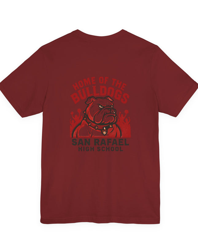 "Home of the Bulldogs - San Rafael High School (Students cheering on bulldog)" Unisex Jersey Short Sleeve Tee