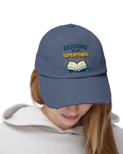 "Reading is my superpower" Unisex Distressed Cap
