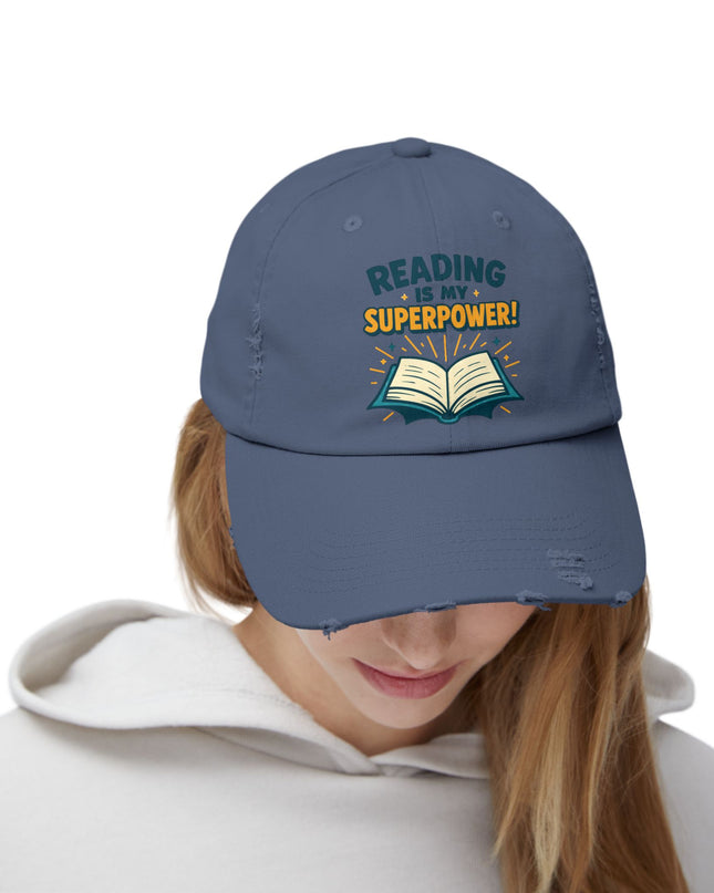 "Reading is my superpower" Unisex Distressed Cap